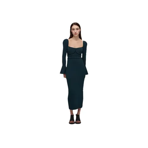 Self Portrait SS22 Длинное платье с длинными рукавами женское хаки зеленый