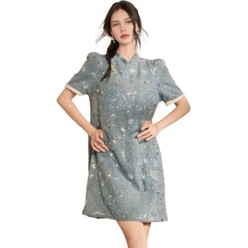 QIAOYUHUAZUN Blue Женские Короткие Платья с Рукавами