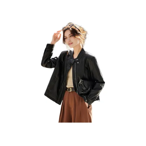 TERRE BLEUE Весенний Осенний Кожаная Куртка Свободного кроя Женская