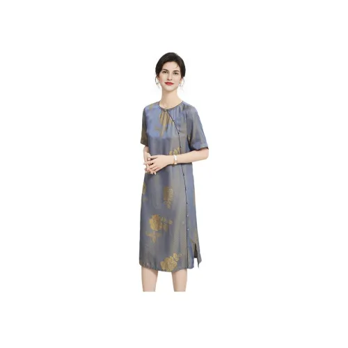 JINJU Blue Женские Короткие Платья с Рукавами