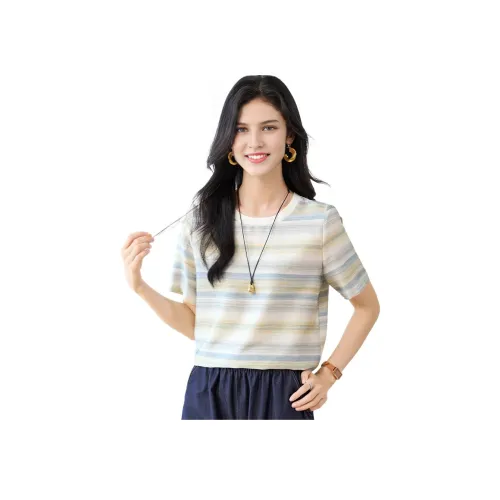 JINJU Синие Желтые Полосы Женские T-Рубашки