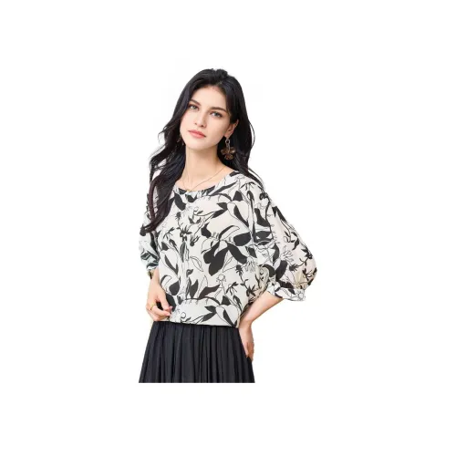 JINJU Черный Белый Линия Цветочный Дизайн Женские T-Рубашки