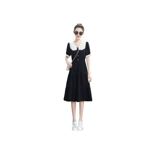 Cypress House Короткий рукав Платье Женское Черное с Бежевым воротником