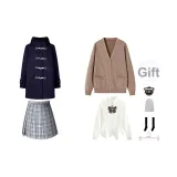 Темно-синий шерстяной пальто + коричневый кардиган + белая длинная рубашка + маленькая юбка-платье + бейдж с бабочкой + носки до икры + пылезащитный чехол + вешалка