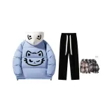 Пуховик Комплект (Haze Синий Бежевый Шляпа Топ + Черные Флисовые Подкладочные Повседневные Штаны + Бесплатный Термический Шарф)