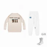 911 Длинный рукав Молоко Белый + Белые штаны + Белые фирменные носки