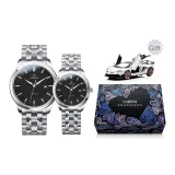 Серебряный ободок, черный циферблат, серебряный стальной браслет [1 пара]