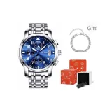 Серебряный ремешок, синий циферблат, оригинальная коробка + ожерелье + включает регулировщик часов