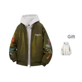 Армейская зеленая куртка с бейсбольным воротником (в комплекте с высококачественным белым и серым свитшотом с фотокемией)