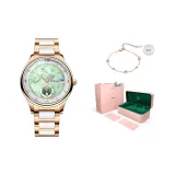 Розовый корпус, зеленый ободок, керамика, стальной браслет