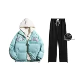 Флисовая подкладка Комплект одежды (Мятно-зеленый хлопковый пуховик + Черные повседневные штаны)