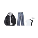 Set (Black Coat + Dark Blue Jeans + Includes Short-Sleeved Shirt)  
Комплект (Черное пальто + Темно-синие джинсы + Включает рубашку с коротким рукавом)