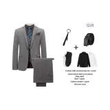 Комплект (Серый деловой костюм + Серые брюки к костюму) в комплекте с жилетом + Черной рубашкой + Галстуком + Ремнем + Хлопковыми носками