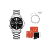 Серебряный ремешок, черный циферблат, оригинальная коробка + ожерелье + бесплатный регулировщик часов