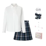 [43 см Kyoto Private School] Клетчатая юбка + галстуки-бабочки + рубашка из шифона с длинным рукавом