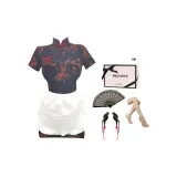 Черный [Одежда + Белый фартук + Стринги + Черный аксессуар для волос + Белые чулки + Вентиляторы] + [Коробка]