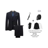 Комплект (Темно-синий Бизнес Костюм + Темно-синие Западные Брюки) в комплекте с Жилетом + Черной Рубашкой + Галстуком + Ремнем + Хлопковыми Носками