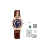 Синий циферблат, розовый корпус, коричневый кожаный ремешок