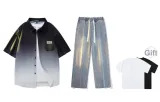Set (Черная рубашка + винтажные синие джинсы + включает футболку с коротким рукавом)
