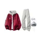 Бургундский + Светло-серые штаны (с бесплатной серой шляпой)