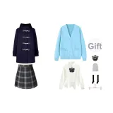 Темно-синий шерстяной пальто + аква-синий кардиган + белая длинная рубашка + шестиклассная короткая юбка + бабочка, значок + носки до икры + пылезащитный чехол + вешалка