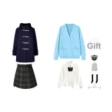 Темно-синий шерстяной пальто + аква-синий кардиган + белая длинная рубашка + август короткая юбка + бабочка, значок + носки до икры + пылезащитный чехол + вешалка