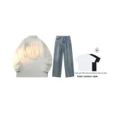 Комплект (Белый топ + средне-синие штаны) (Включает рубашку с коротким рукавом)