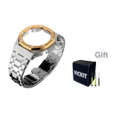 Серебряный корпус, серебряный ремешок, розово-золотой bezel.