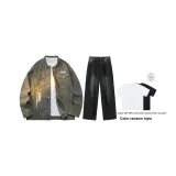 Комплект (Выстиранный Желтый Глина Топ + Черные Серые Штаны) (Включает Короткую Рубашку с Рукавами)