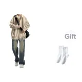 [Комплект из 3 предметов] Куртка (Абрикос) + Длинный Белый + Джинсы (Синий)