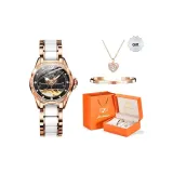 Стальной браслет, розовый, черный циферблат, женские часы.