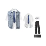 Синий деним жилет + белая рубашка (в комплекте с черными карго штанами + брошью) (без воротника)