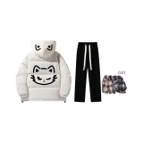 Пуховик Комплект (Бежевая Шляпа Топ + Черные Флисовые Повседневные Штаны + Бесплатный Термический Шарф)