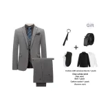 Комплект (Серый деловой костюм + Серые брюки к костюму) в комплекте с жилетом + Белой рубашкой + Галстуком + Ремнем + Хлопковыми носками