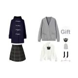 Темно-синий шерстяной пальто + серый кардиган + белая длинная рубашка + август короткая юбка + банты, значок + носки до икры + пылезащитный чехол + вешалка