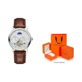 Коричневый ремешок, белый циферблат