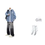 [С принтом, куртка синего цвета + градиентные, джинсы черного и серого цвета]