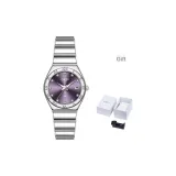 Серебряный корпус, фиолетовый циферблат.