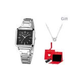 Серебряный ремешок, черный циферблат, искренний, подарочная коробка + с ожерельем + включает регулировщик часов