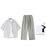Set (Зеленый с полосками + Грязно-желтый) (Короткие рукава включены)