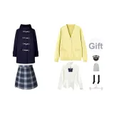 Темно-синий шерстяной пальто + желтый кардиган + белая длинная рубашка + короткая юбка января + банты, подарок значок + носки до икры + пылезащитный чехол + вешалка
