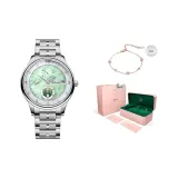 Серебряный корпус, зеленый, серебряный, стальной браслет.