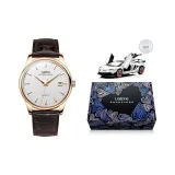 Белый циферблат, розовый указатель, коричневый кожаный ремешок.