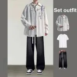 Бамбуковый лист Белый Длинный Рубашка + Черные Джинсовые Штаны + Белая Футболка с Короткими Рукавами Набор из 3-х