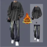 [Флисовая подкладка] Свитшот Обнимающий медведь Темно-серый + Джинсы Синий