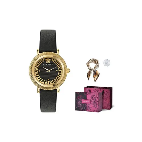 VERSACE Женские часы Кварцевый механизм ремень из натуральной кожи черный циферблат