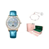 Украшенный стразами Розовый корпус Синий циферблат Синий ремень