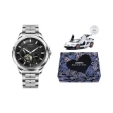 Чёрный циферблат, серебряный стальной браслет