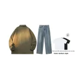 Комплект (Горох Зеленый Топ + Средне Синий Штаны) (Включает Короткую Рубашку с Рукавами)