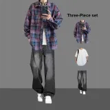 Красный, рубашка, футболка, белый, джинсы, серый, комплект из 3-х